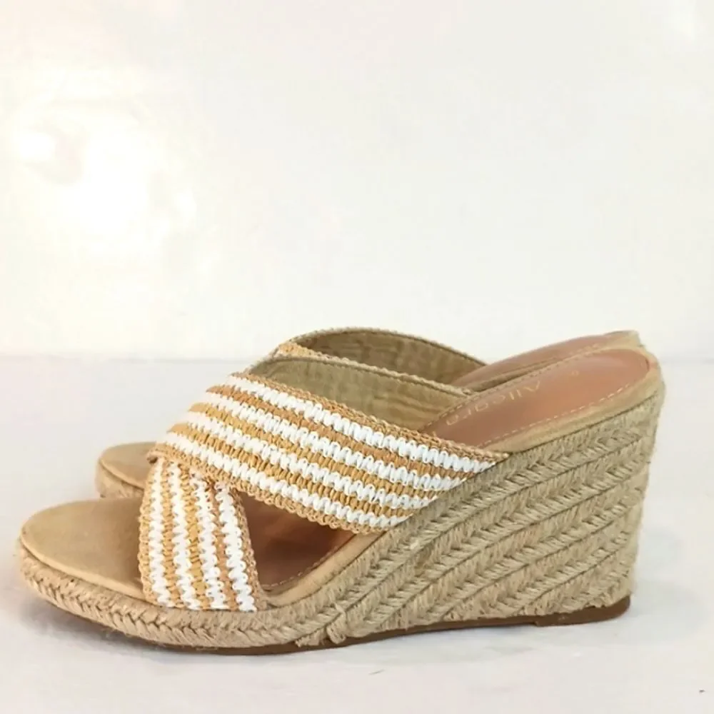 Allegra K Women's white/tan crisscross strap platform slide wedges sandals S/ 9